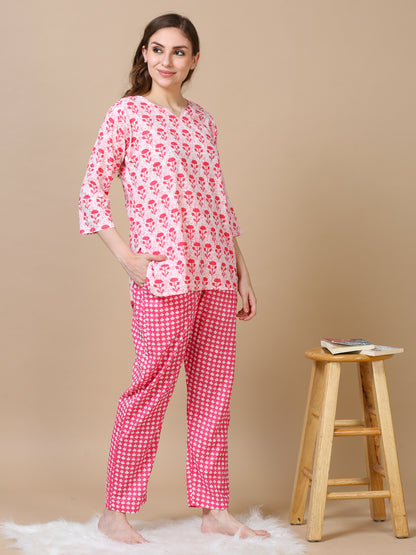 Pink Floral Pure Cotton Night Suit Set for Women with Lounge-Ready Style