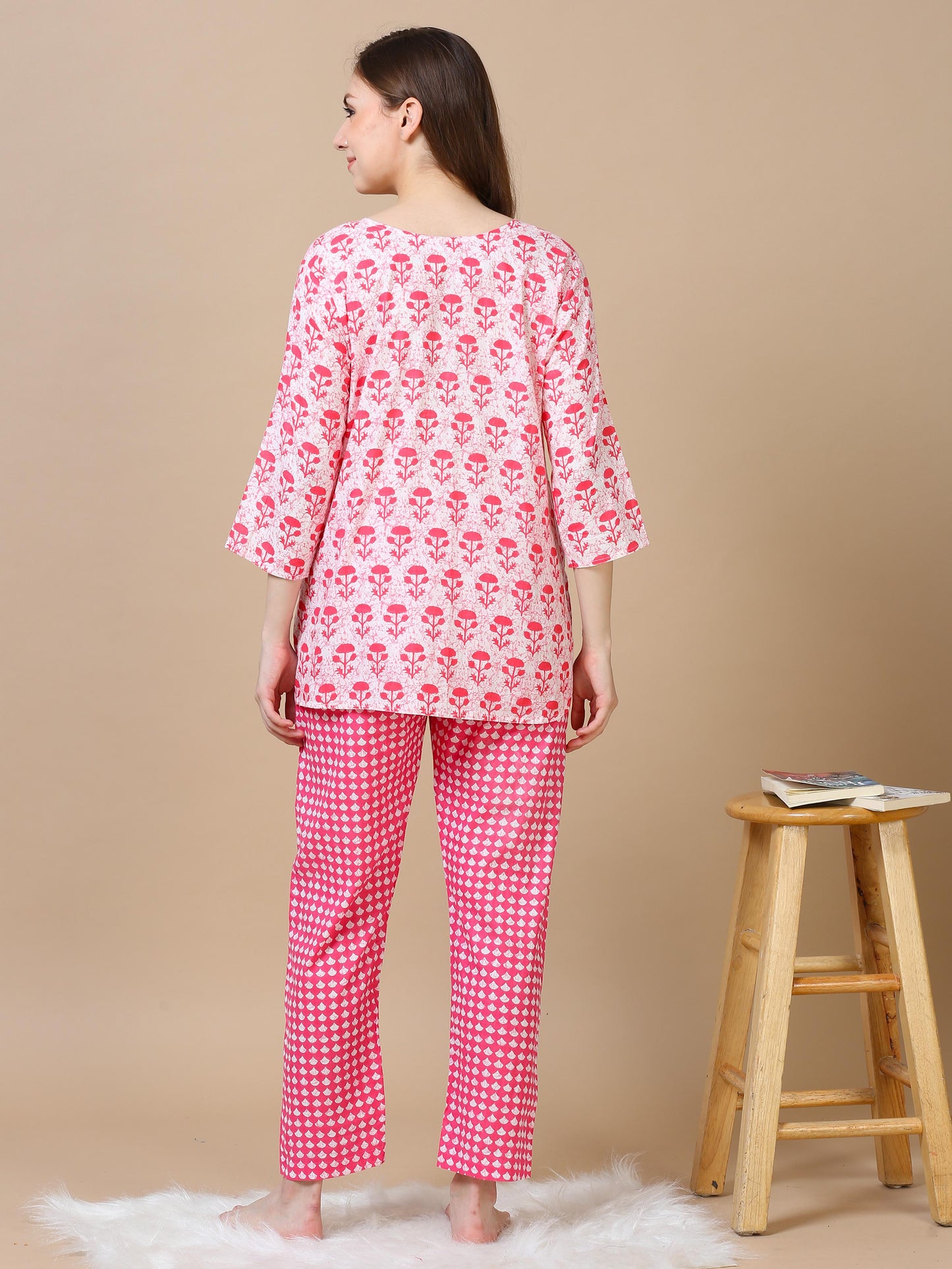 Pink Floral Pure Cotton Night Suit Set for Women with Lounge-Ready Style