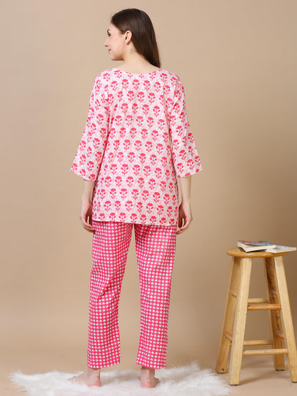 Pink Floral Pure Cotton Night Suit Set for Women with Lounge-Ready Style
