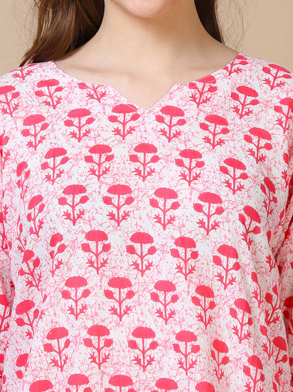 Pink Floral Pure Cotton Night Suit Set for Women with Lounge-Ready Style