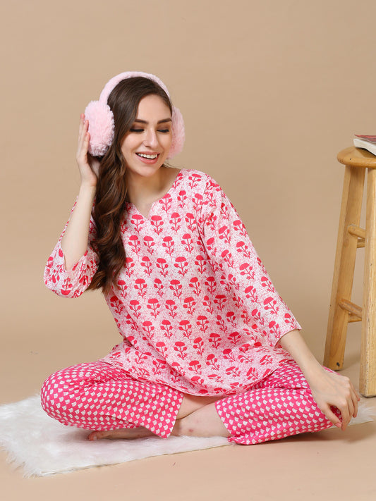 Pink Floral Pure Cotton Night Suit Set for Women with Lounge-Ready Style