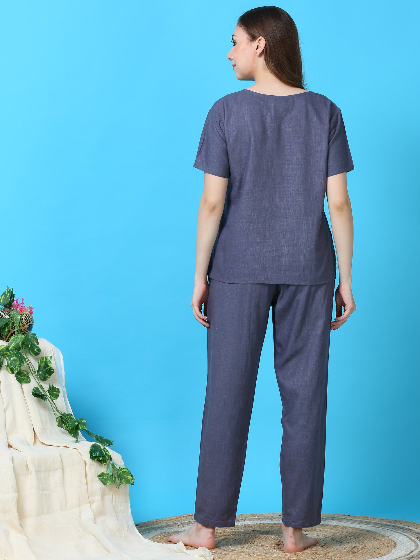 Storm Blue Linen Round Neck Pj Set For Women with Timeless Comfort