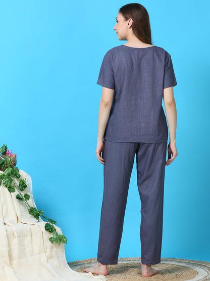 Storm Blue Linen Round Neck Pj Set For Women with Timeless Comfort