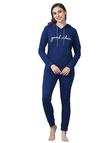 Indigo Blue Hosiery Cotton Winter Track Suit for Women with Ribbed Finish and Hoodie
