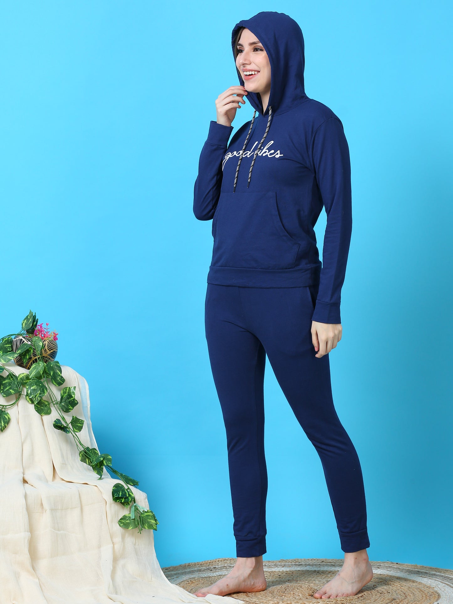 Indigo Blue Hosiery Cotton Winter Track Suit for Women with Ribbed Finish and Hoodie