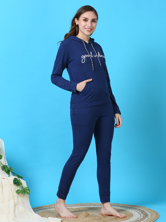 Indigo Blue Hosiery Cotton Winter Track Suit for Women with Ribbed Finish and Hoodie