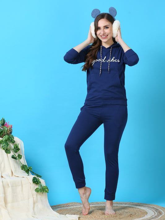 Indigo Blue Hosiery Cotton Winter Track Suit for Women with Ribbed Finish and Hoodie