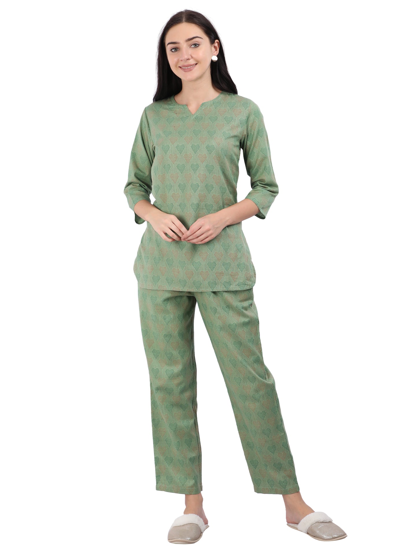 Leaf Green Pure Cotton Pajama Set for Women in Co-ord Style with Mask
