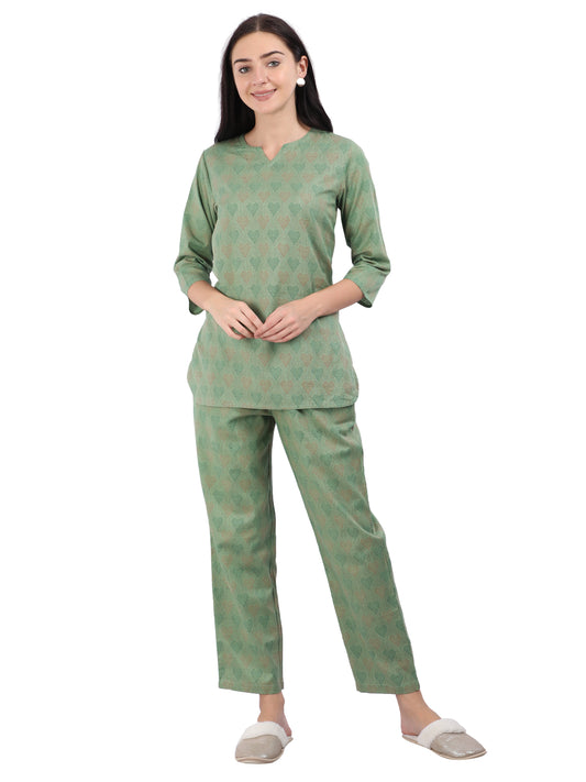 Leaf Green Pure Cotton Pajama Set for Women in Co-ord Style with Mask