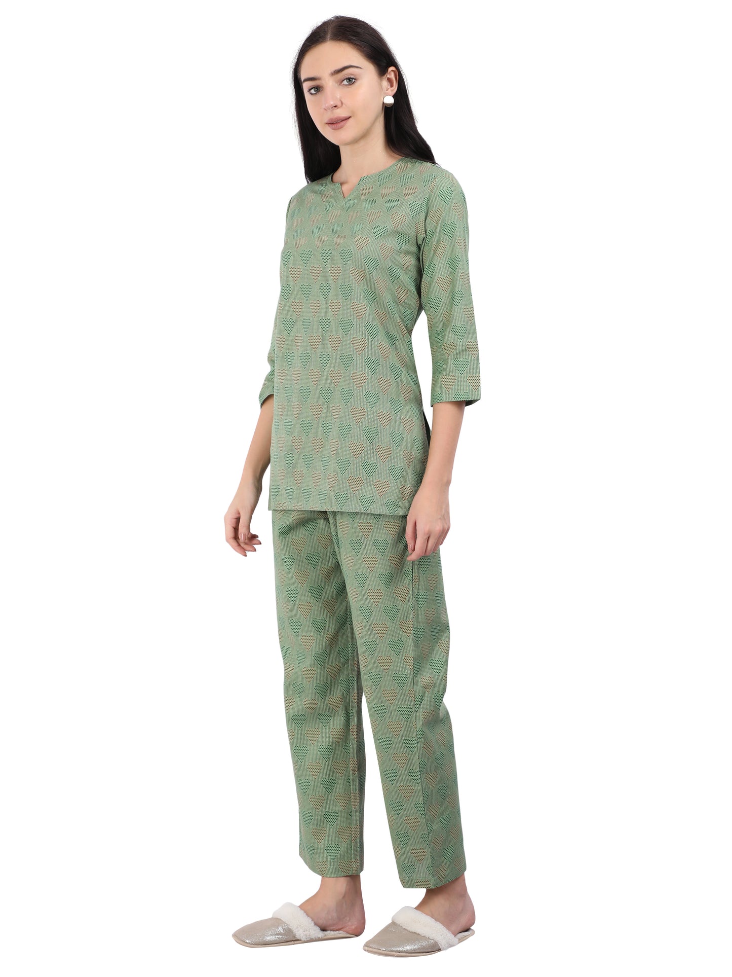 Leaf Green Pure Cotton Pajama Set for Women in Co-ord Style with Mask