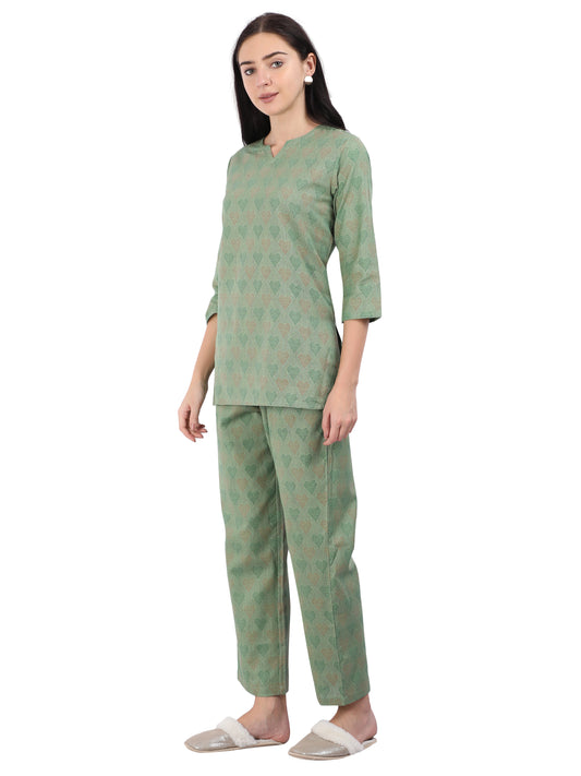 Leaf Green Pure Cotton Pajama Set for Women in Co-ord Style with Mask