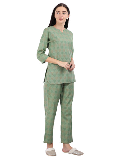 Leaf Green Pure Cotton Pajama Set for Women in Co-ord Style with Mask