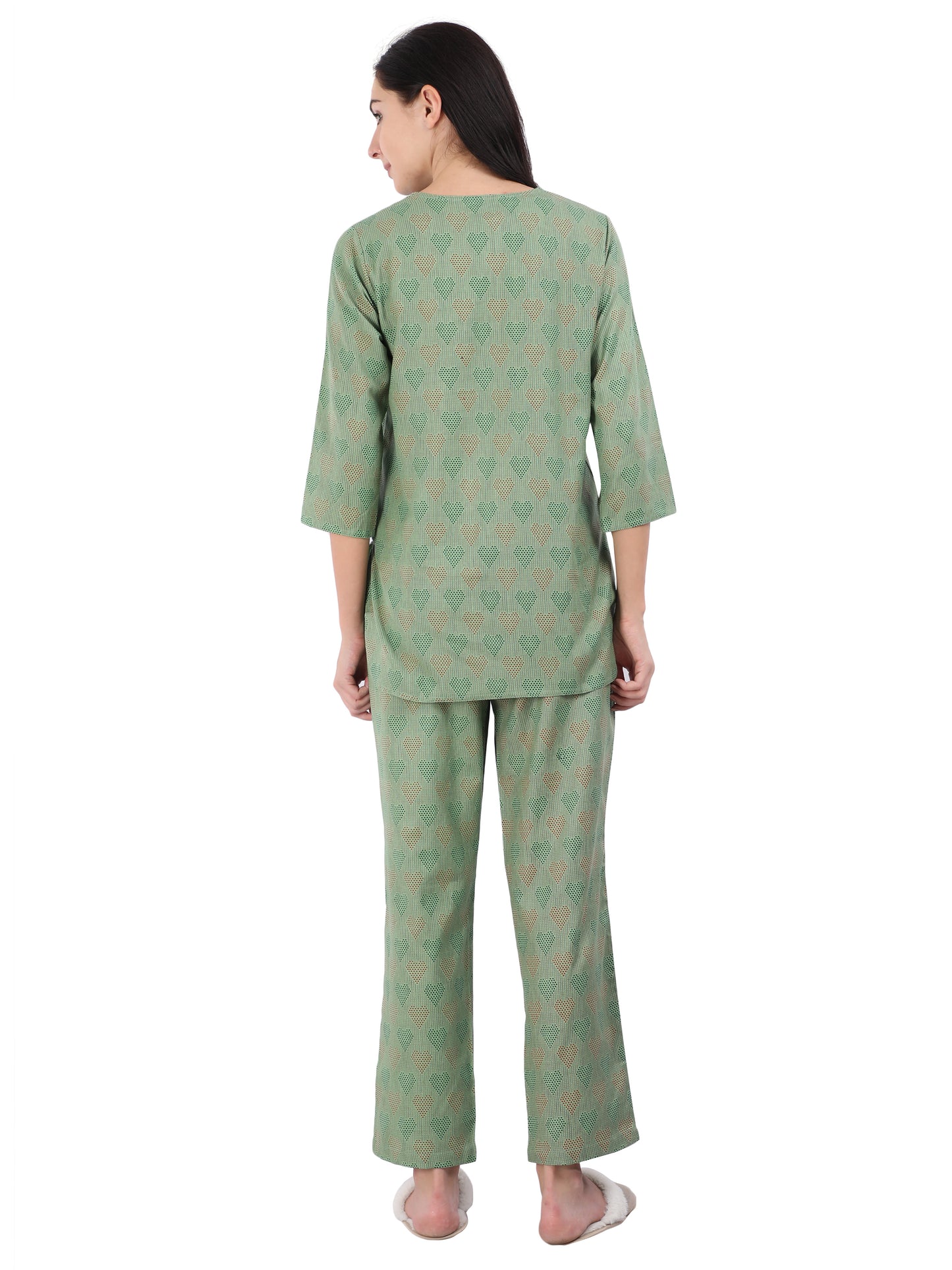 Leaf Green Pure Cotton Pajama Set for Women in Co-ord Style with Mask