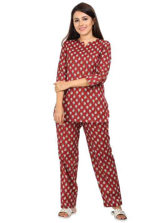 Rust Red Pure Cotton Night Suit Set for Women in Co-ord Style