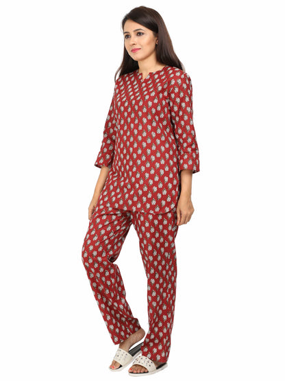 Rust Red Pure Cotton Night Suit Set for Women in Co-ord Style