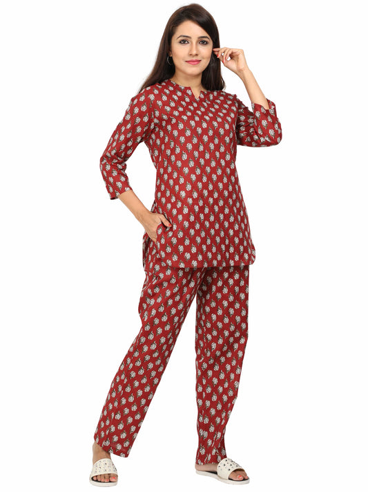 Rust Red Pure Cotton Night Suit Set for Women in Co-ord Style
