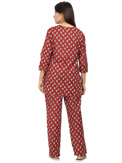Rust Red Pure Cotton Night Suit Set for Women in Co-ord Style