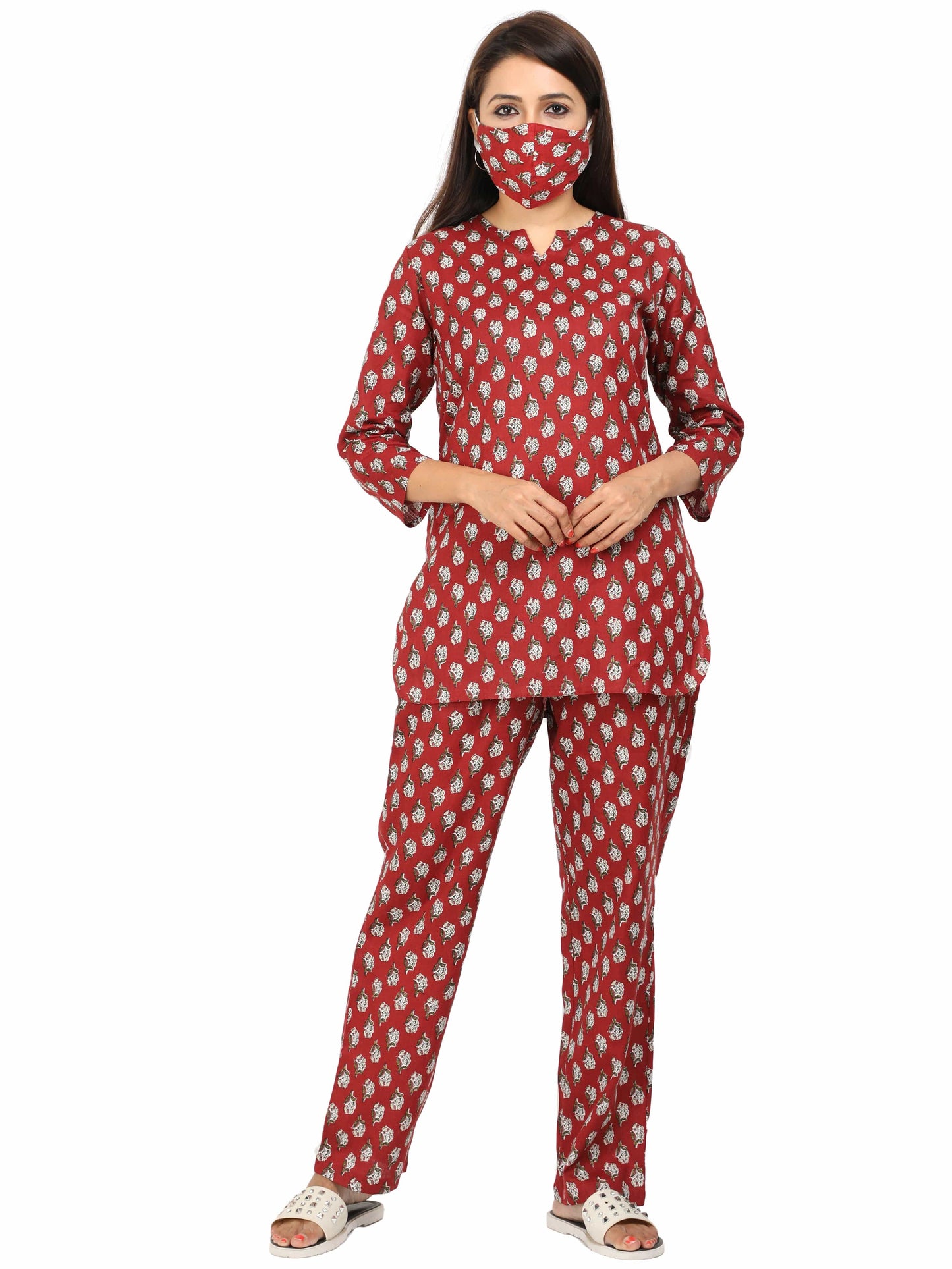 Rust Red Pure Cotton Night Suit Set for Women in Co-ord Style