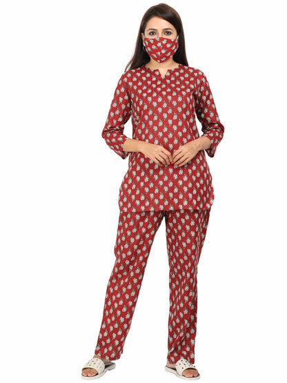 Rust Red Pure Cotton Night Suit Set for Women in Co-ord Style