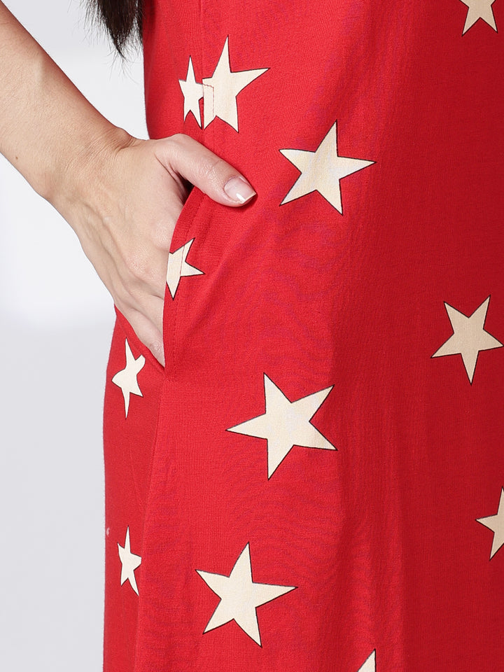 Red Star Printed Cotton Short Nighty for Women Comfortable Fit