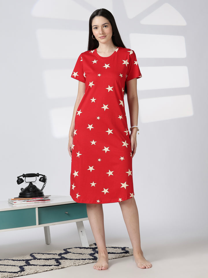 Red Star Printed Cotton Short Nighty for Women Comfortable Fit