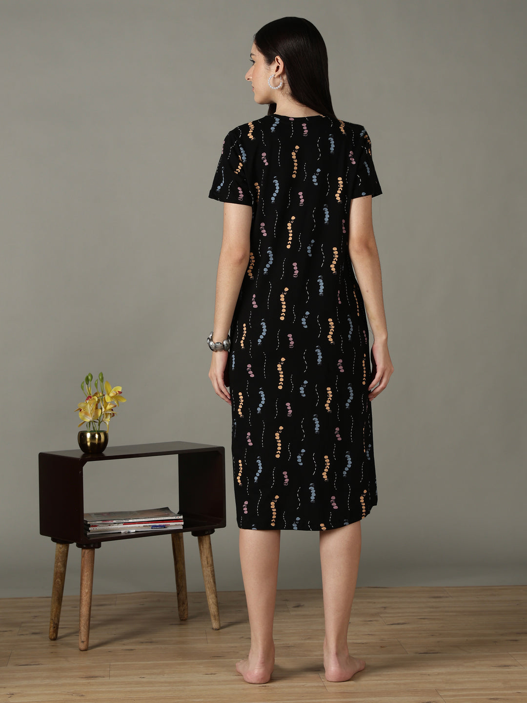 Black Printed Cotton Short Nighty for Women Comfortable Fit