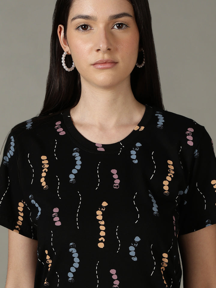 Black Printed Cotton Short Nighty for Women Comfortable Fit