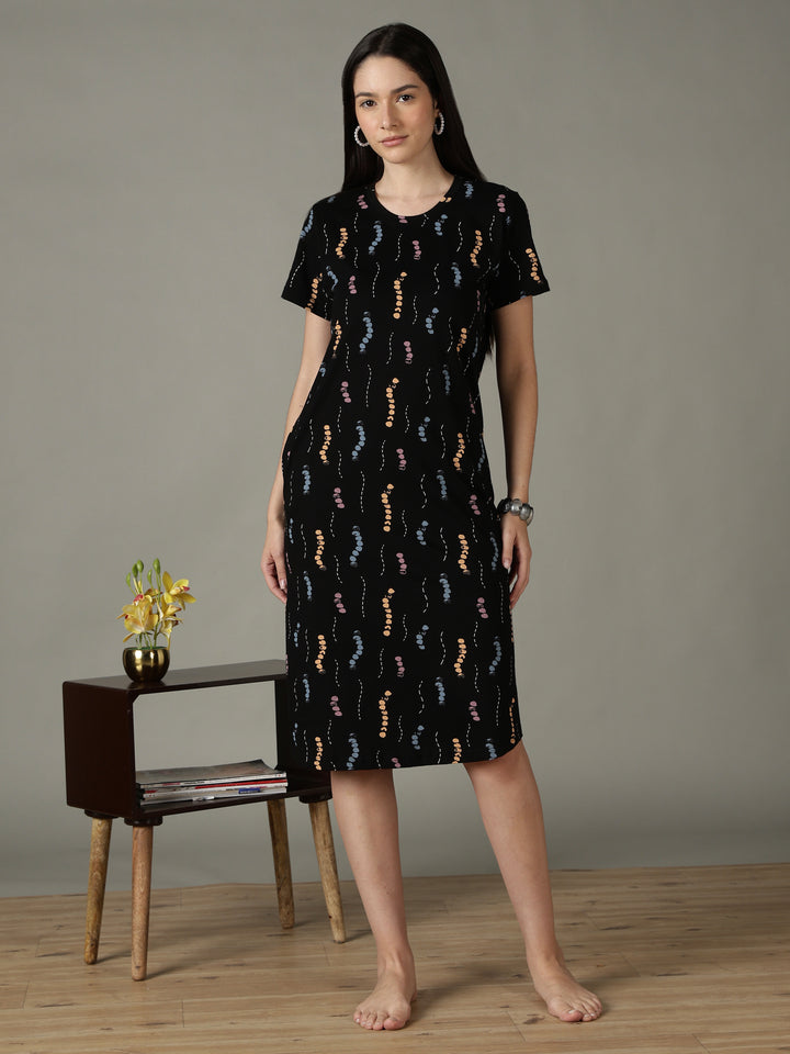 Black Printed Cotton Short Nighty for Women Comfortable Fit