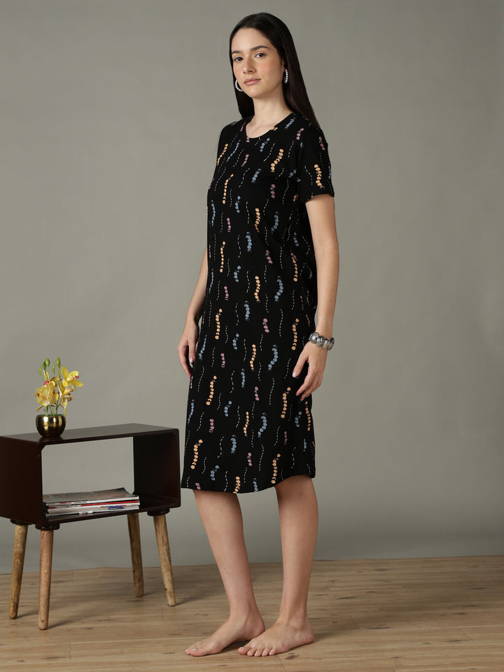 Black Printed Cotton Short Nighty for Women Comfortable Fit