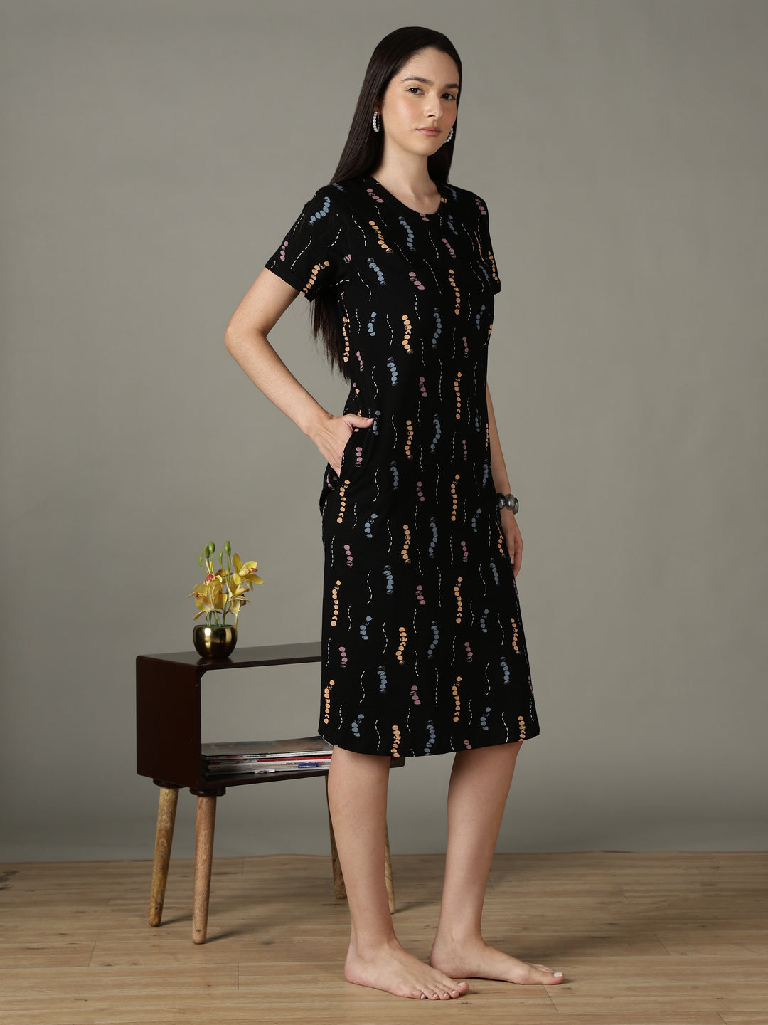Black Printed Cotton Short Nighty for Women Comfortable Fit