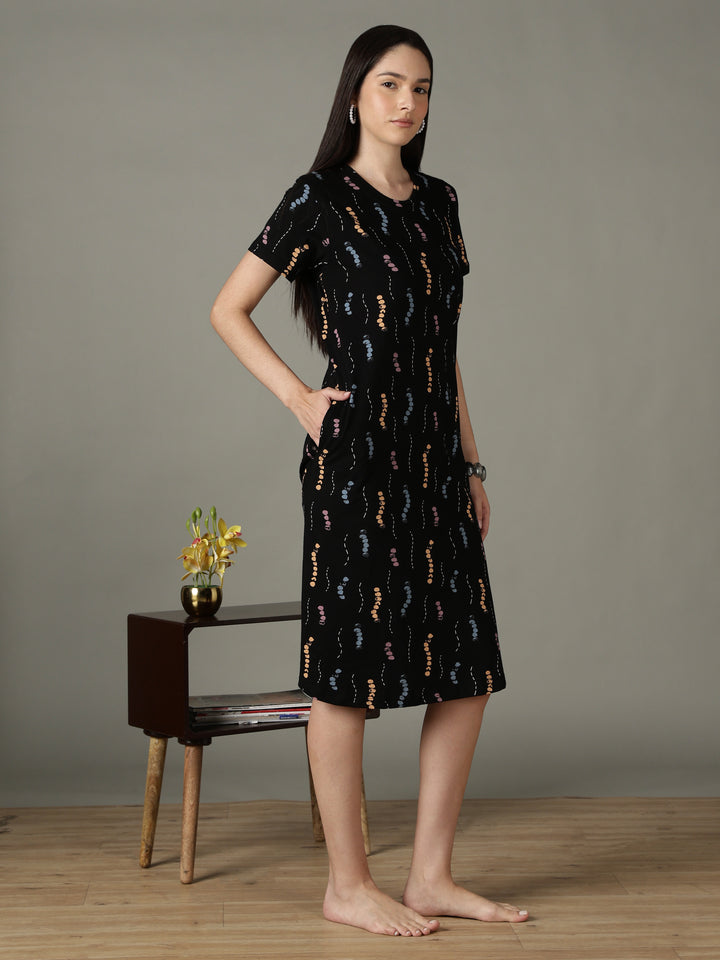 Black Printed Cotton Short Nighty for Women Comfortable Fit