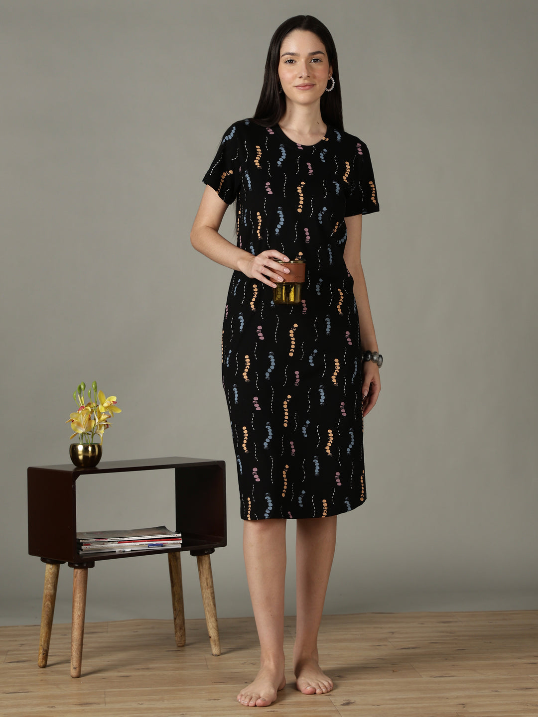 Black Printed Cotton Short Nighty for Women Comfortable Fit