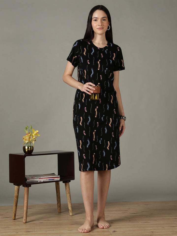 Black Printed Cotton Short Nighty for Women Comfortable Fit