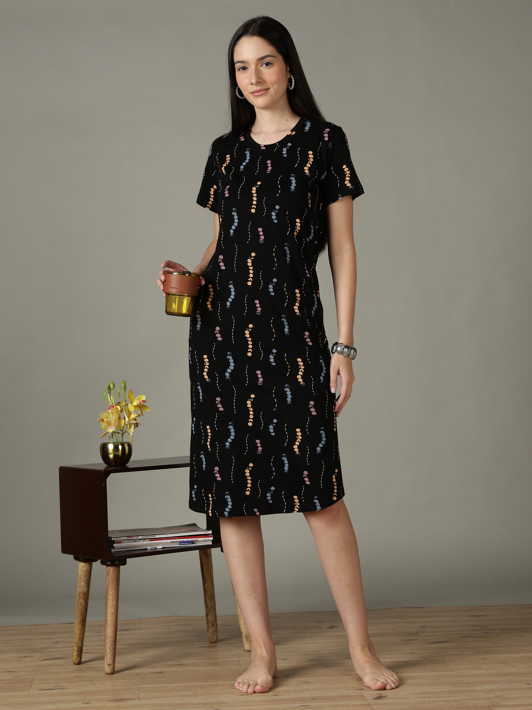 Black Printed Cotton Short Nighty for Women Comfortable Fit