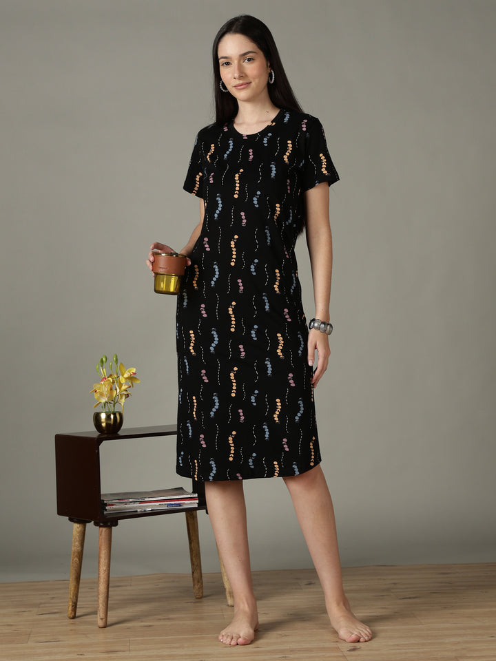 Black Printed Cotton Short Nighty for Women Comfortable Fit