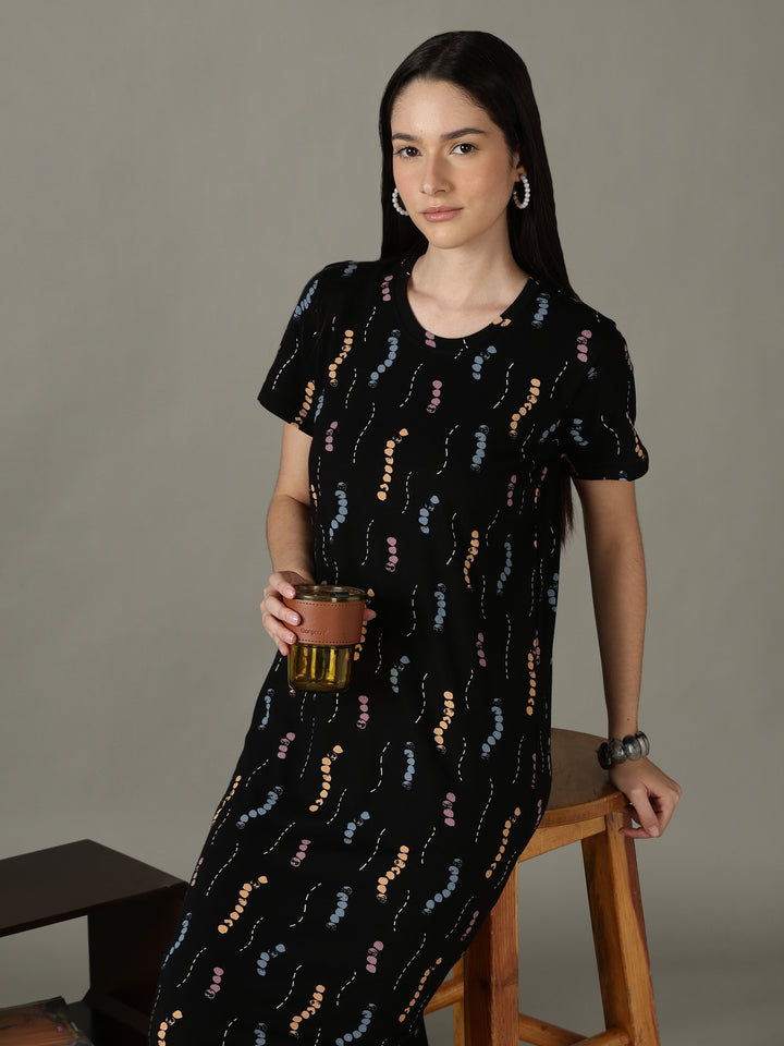 Black Printed Cotton Short Nighty for Women Comfortable Fit