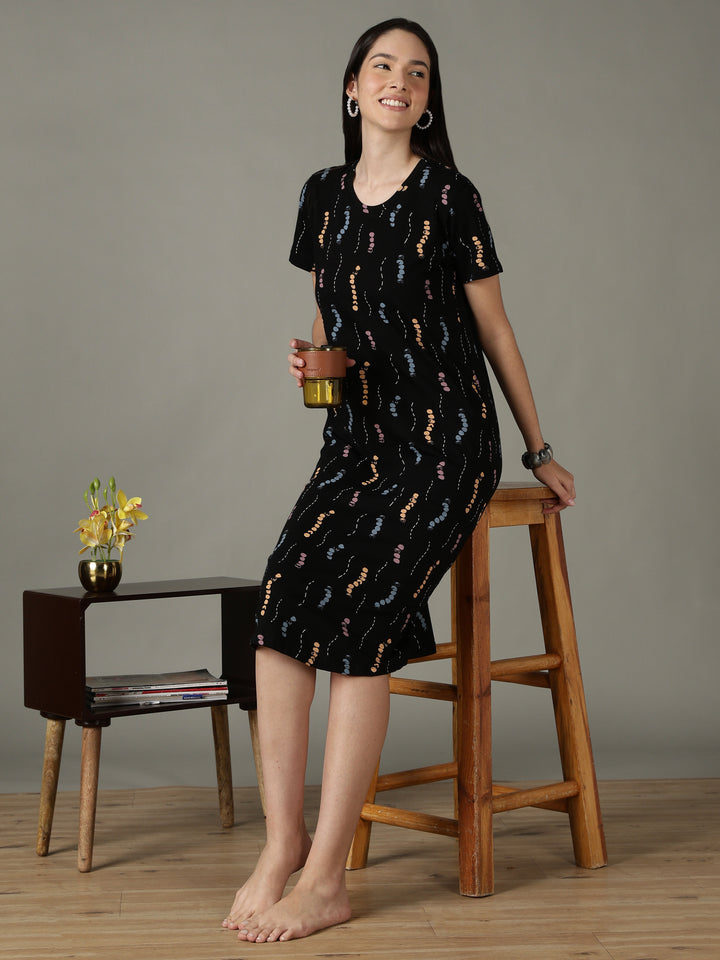 Black Printed Cotton Short Nighty for Women Comfortable Fit