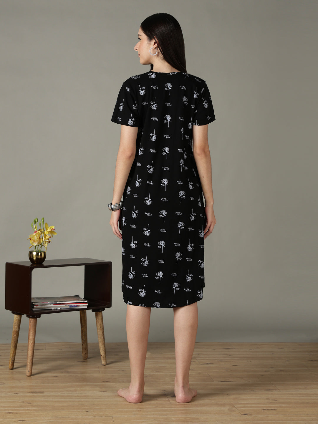 Black Floral Printed Cotton Short Nighty for Women Soft Fit