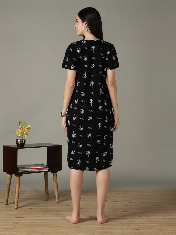 Black Floral Printed Cotton Short Nighty for Women Soft Fit
