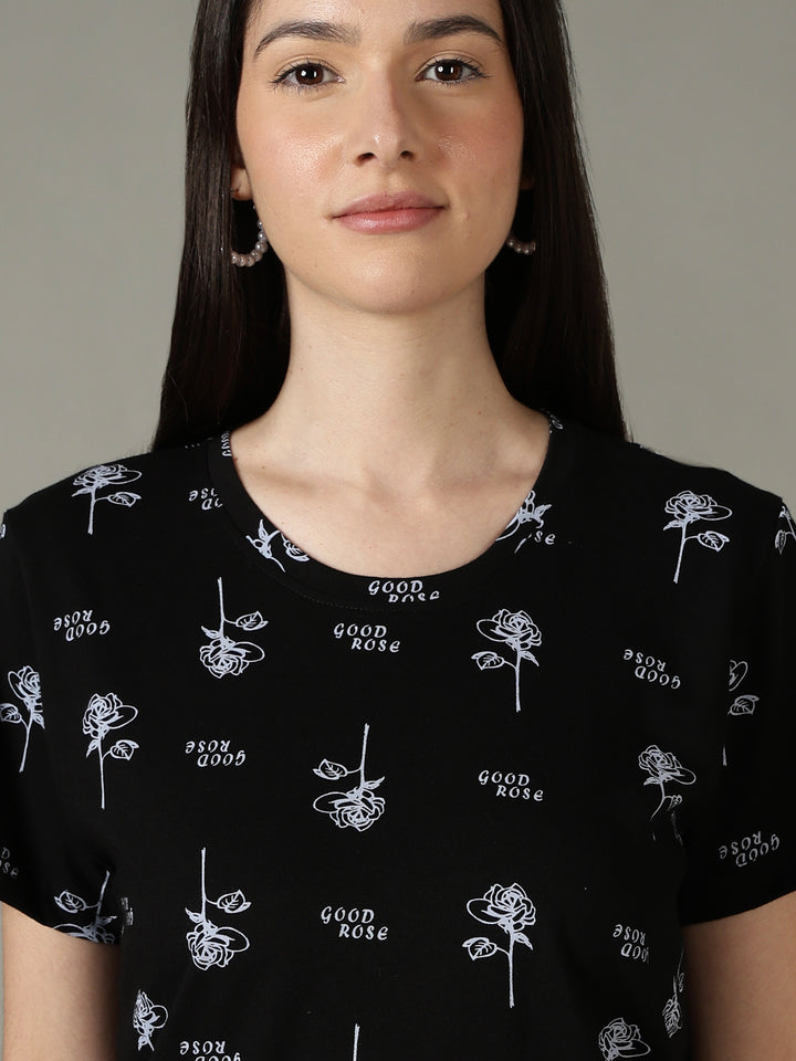 Black Floral Printed Cotton Short Nighty for Women Soft Fit