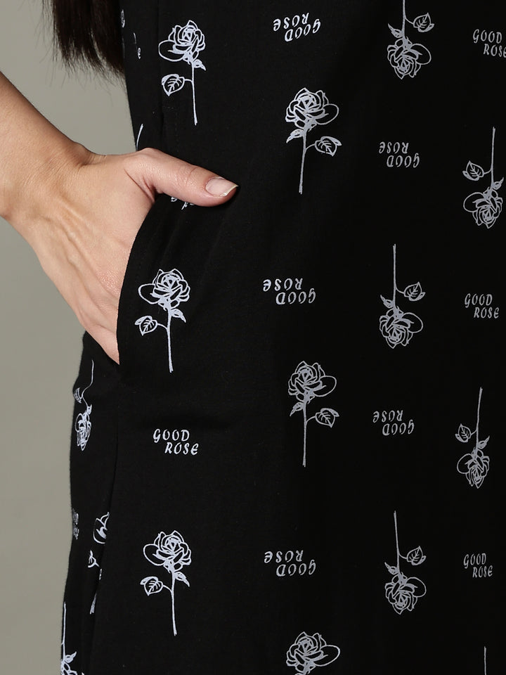 Black Floral Printed Cotton Short Nighty for Women Soft Fit