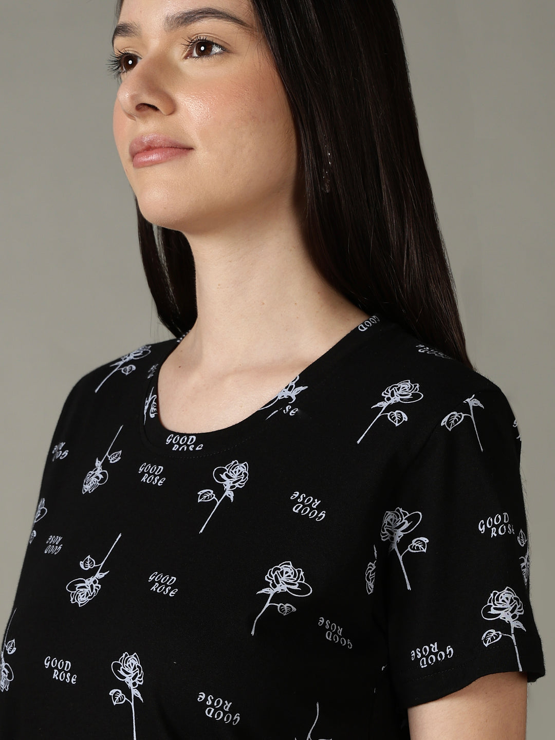 Black Floral Printed Cotton Short Nighty for Women Soft Fit