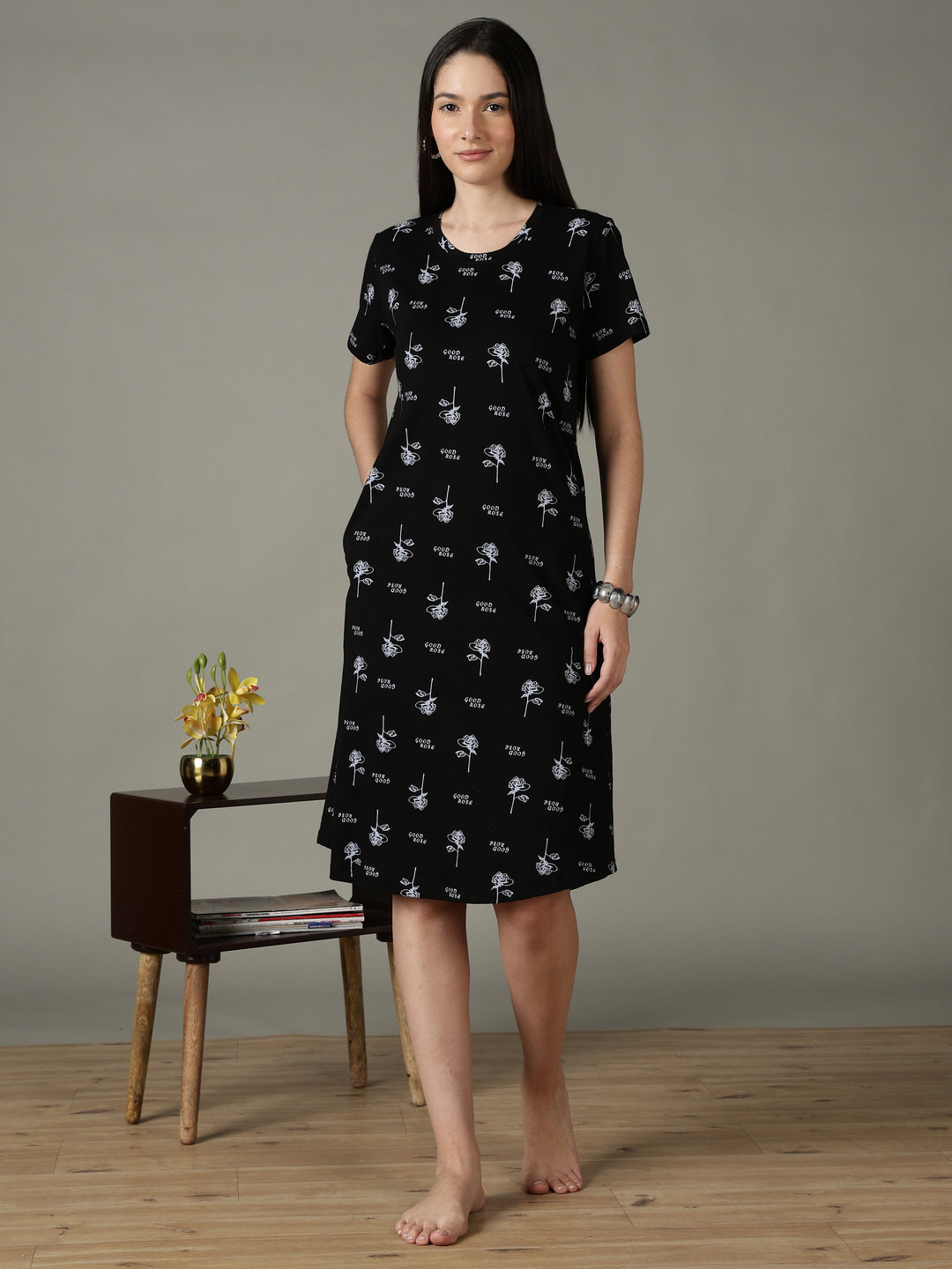 Black Floral Printed Cotton Short Nighty for Women Soft Fit