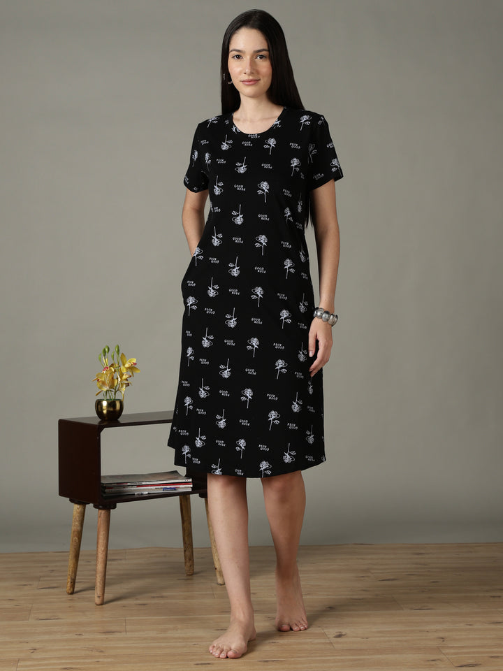 Black Floral Printed Cotton Short Nighty for Women Soft Fit