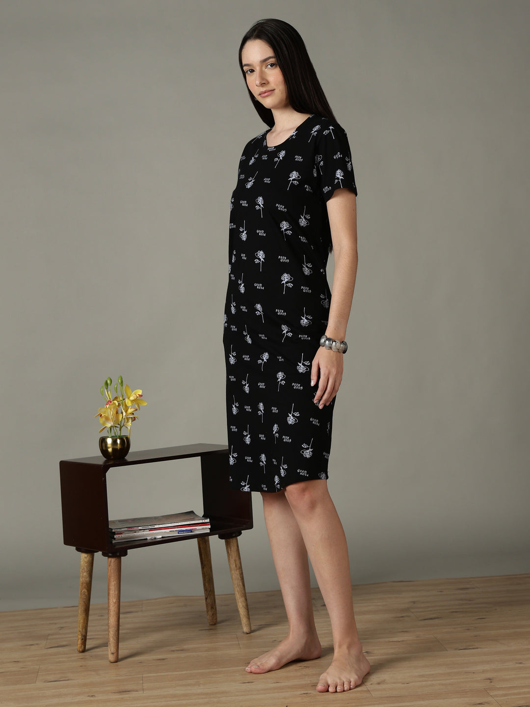 Black Floral Printed Cotton Short Nighty for Women Soft Fit