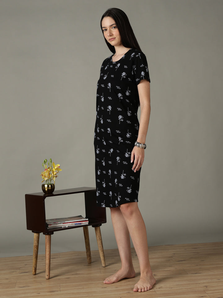 Black Floral Printed Cotton Short Nighty for Women Soft Fit