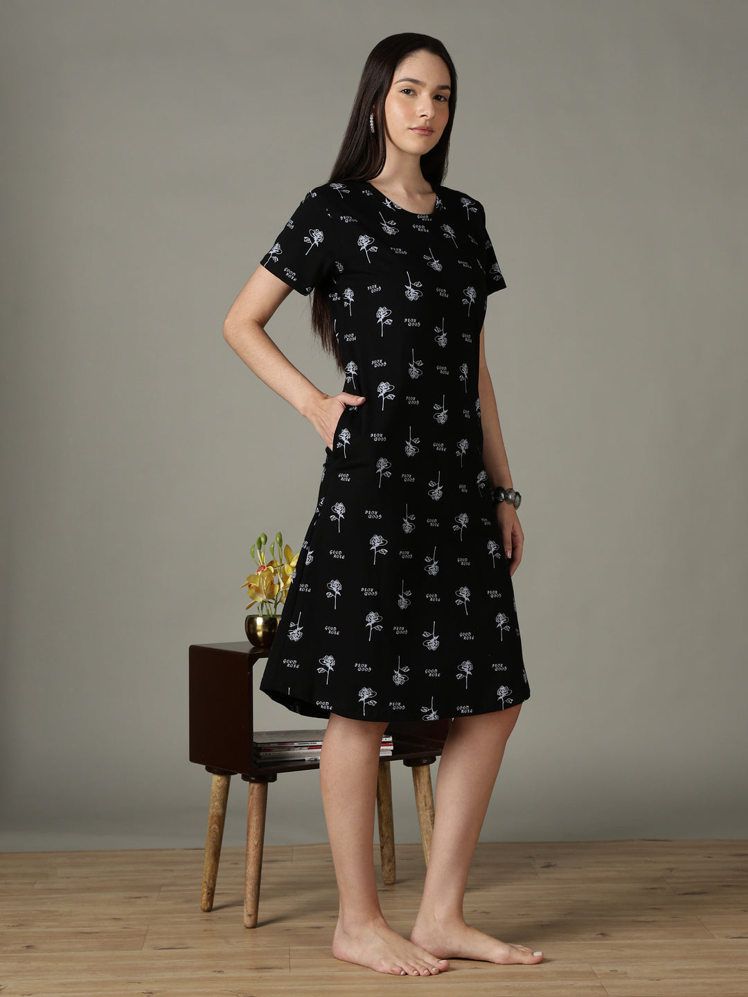 Black Floral Printed Cotton Short Nighty for Women Soft Fit
