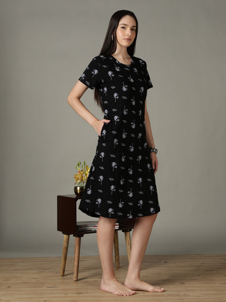 Black Floral Printed Cotton Short Nighty for Women Soft Fit