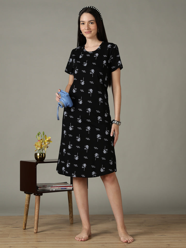 Black Floral Printed Cotton Short Nighty for Women Soft Fit