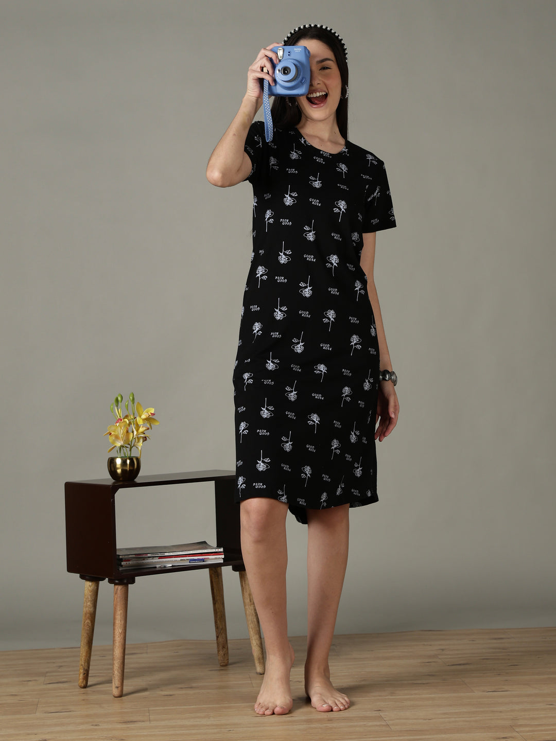 Black Floral Printed Cotton Short Nighty for Women Soft Fit